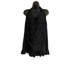 VM Women's 16W Black Halter Swim Dress Ruffle Hem Detail Beach Vacation Summer